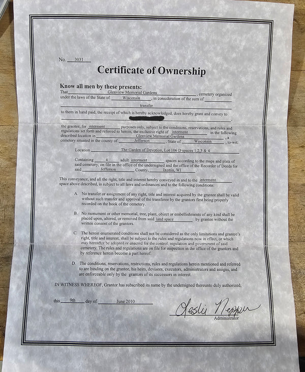 Multiple Graves for Sale – Glenview Memorial Gardens - Ixonia (4 Spots, Garden of Devotion Lot 106 D 1-4)-RM-6535